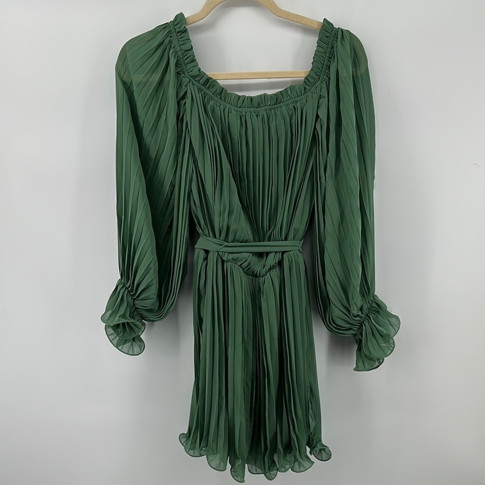 Baltic Born Green Long Sleeve Bishop Elastic Waist with Fabric Belt Sundress SzL - Picture 11 of 15